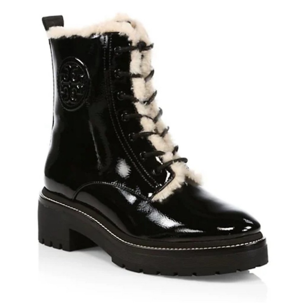 Tory Burch Miller Lug Sole Shearling Booties 50mm Black 6.5